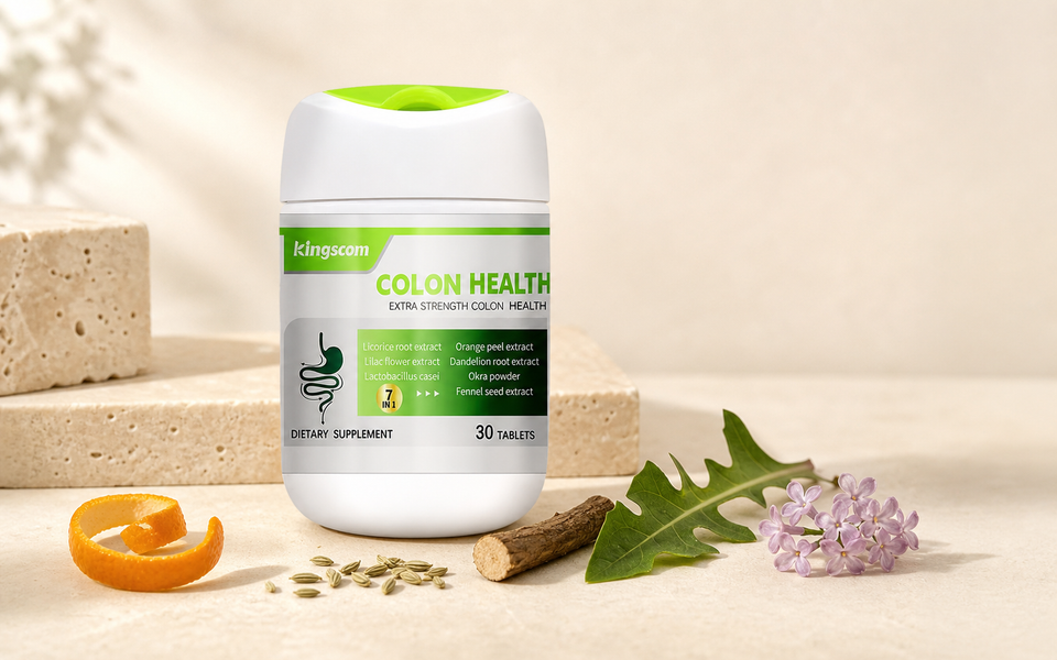 Kingscom Colon Health bottle with label-listed botanical ingredients