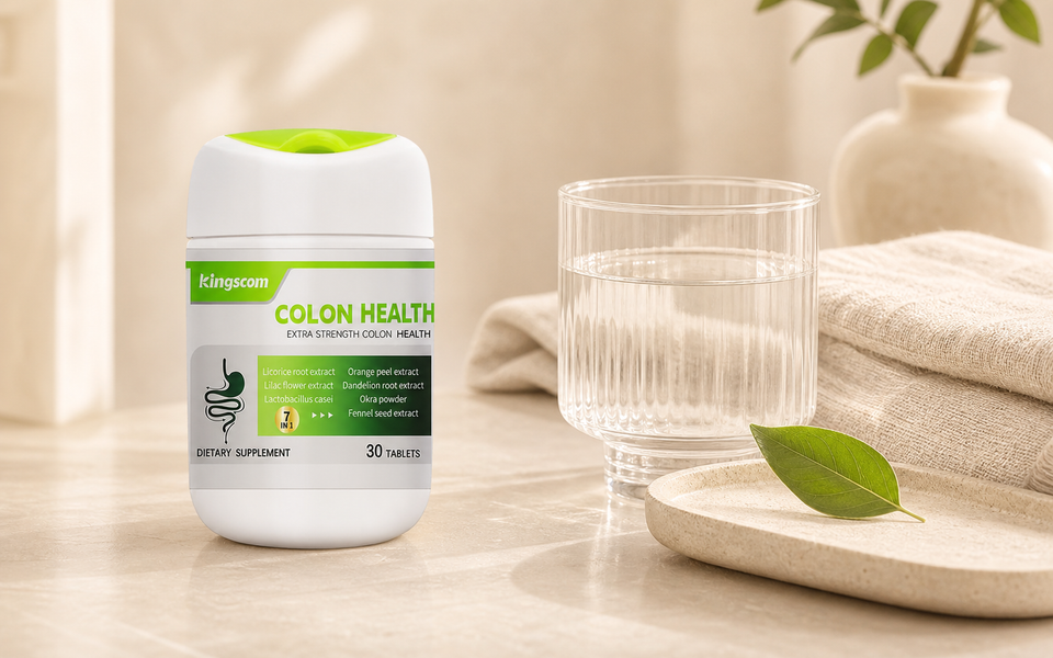 Kingscom Colon Health bottle beside water in a simple daily wellness routine
