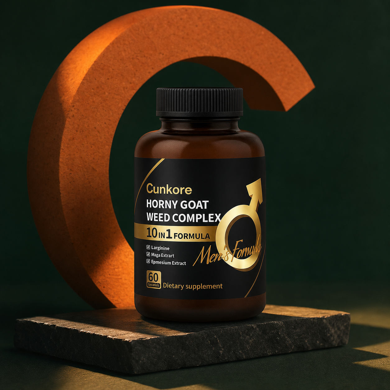 Cunkore Horny Goat Weed Complex bottle in a premium dark green and copper product scene