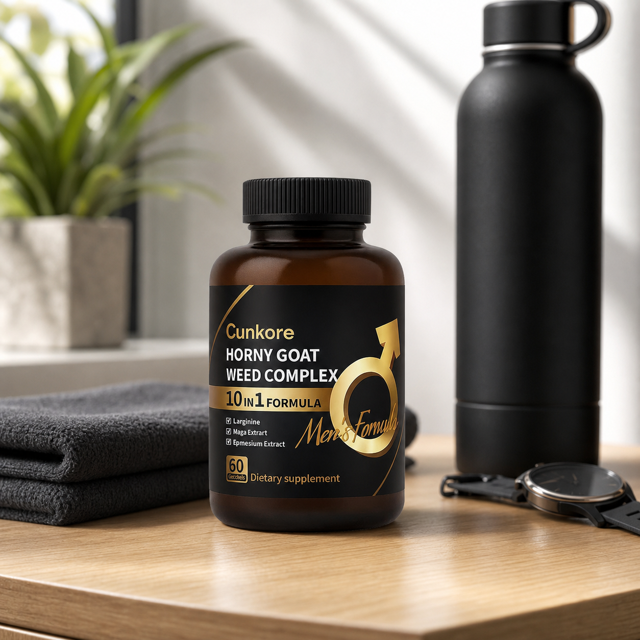 Cunkore Horny Goat Weed Complex bottle in an active daily routine setting
