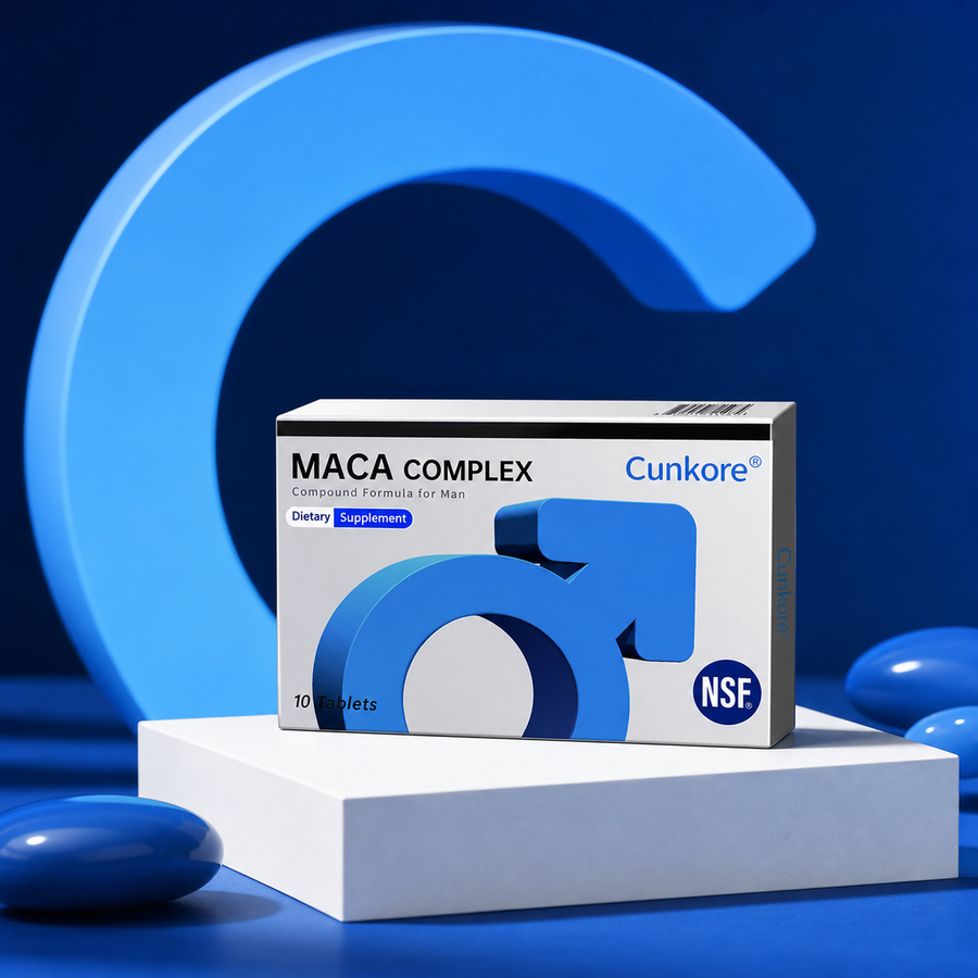 Cunkore Maca Complex box in a bold blue premium product scene