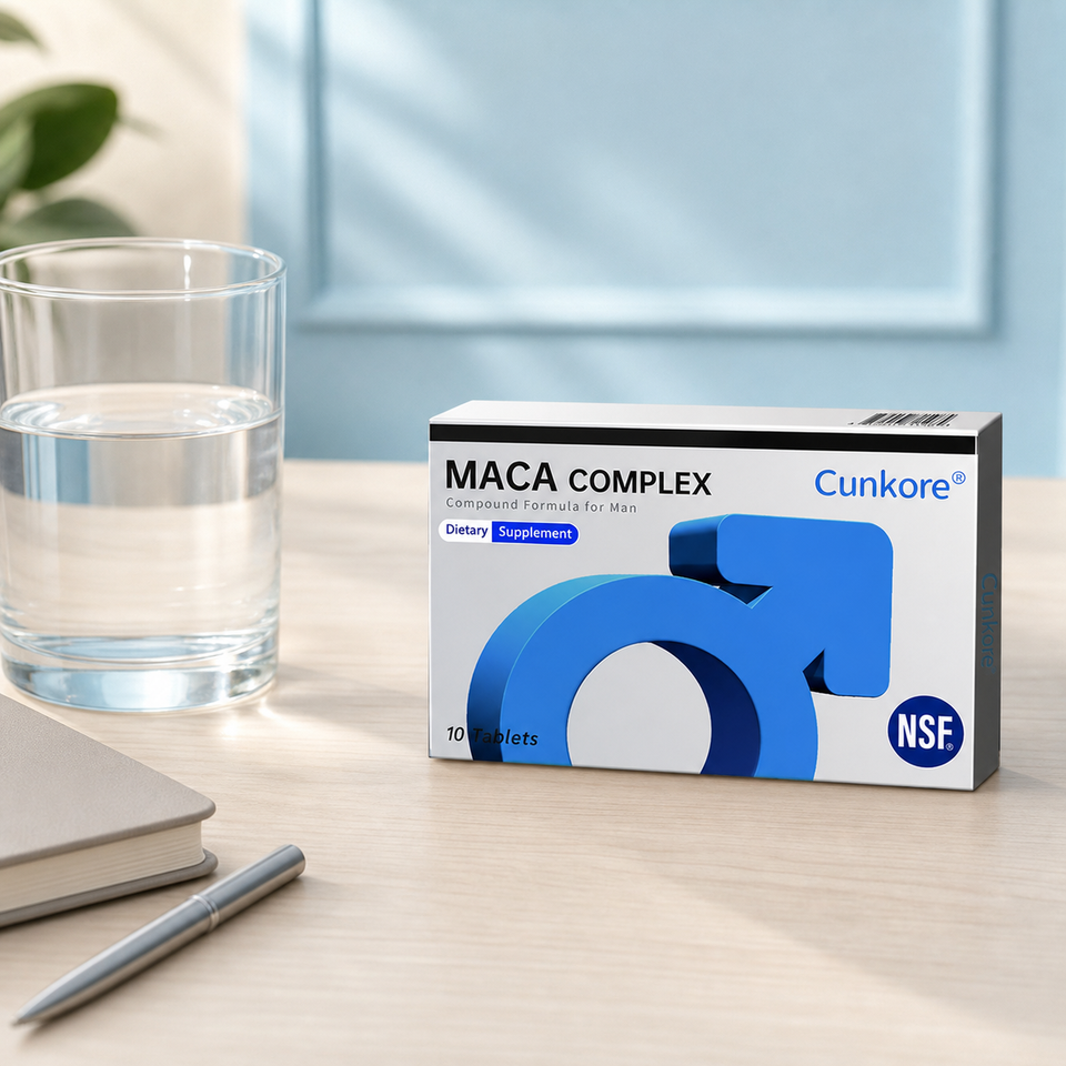 Cunkore Maca Complex box beside water in a clean daily routine setting